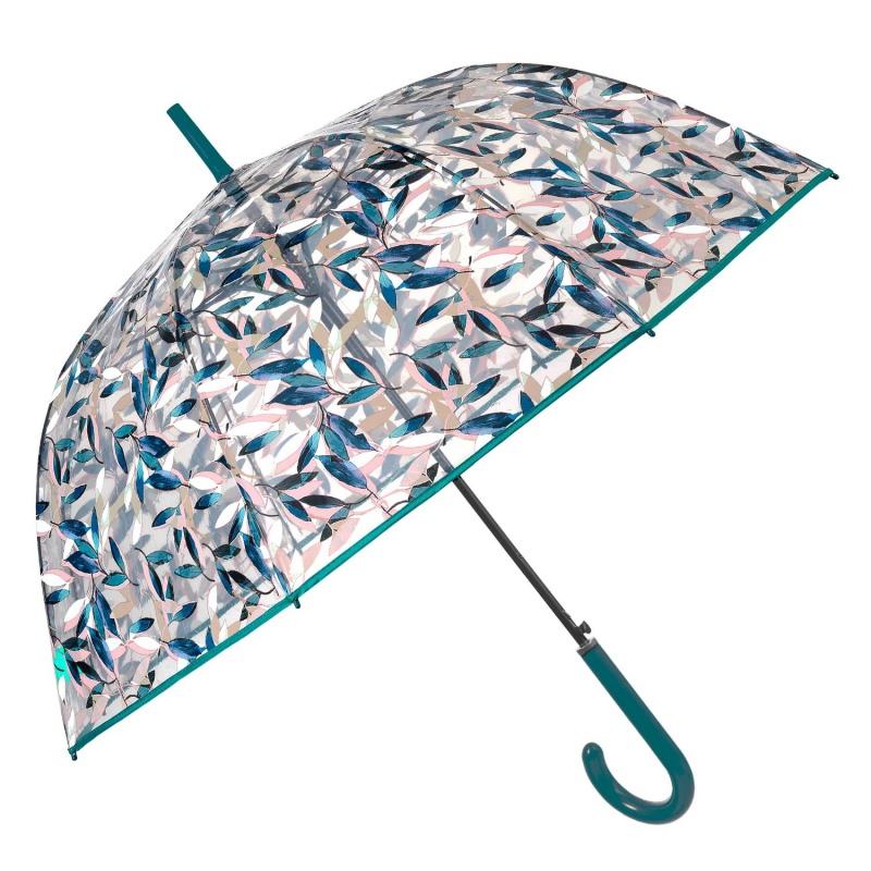 PERLETTI Dámsky priehľadný dáždnik s motívom zelených listov Perletti, 61cm, 26388