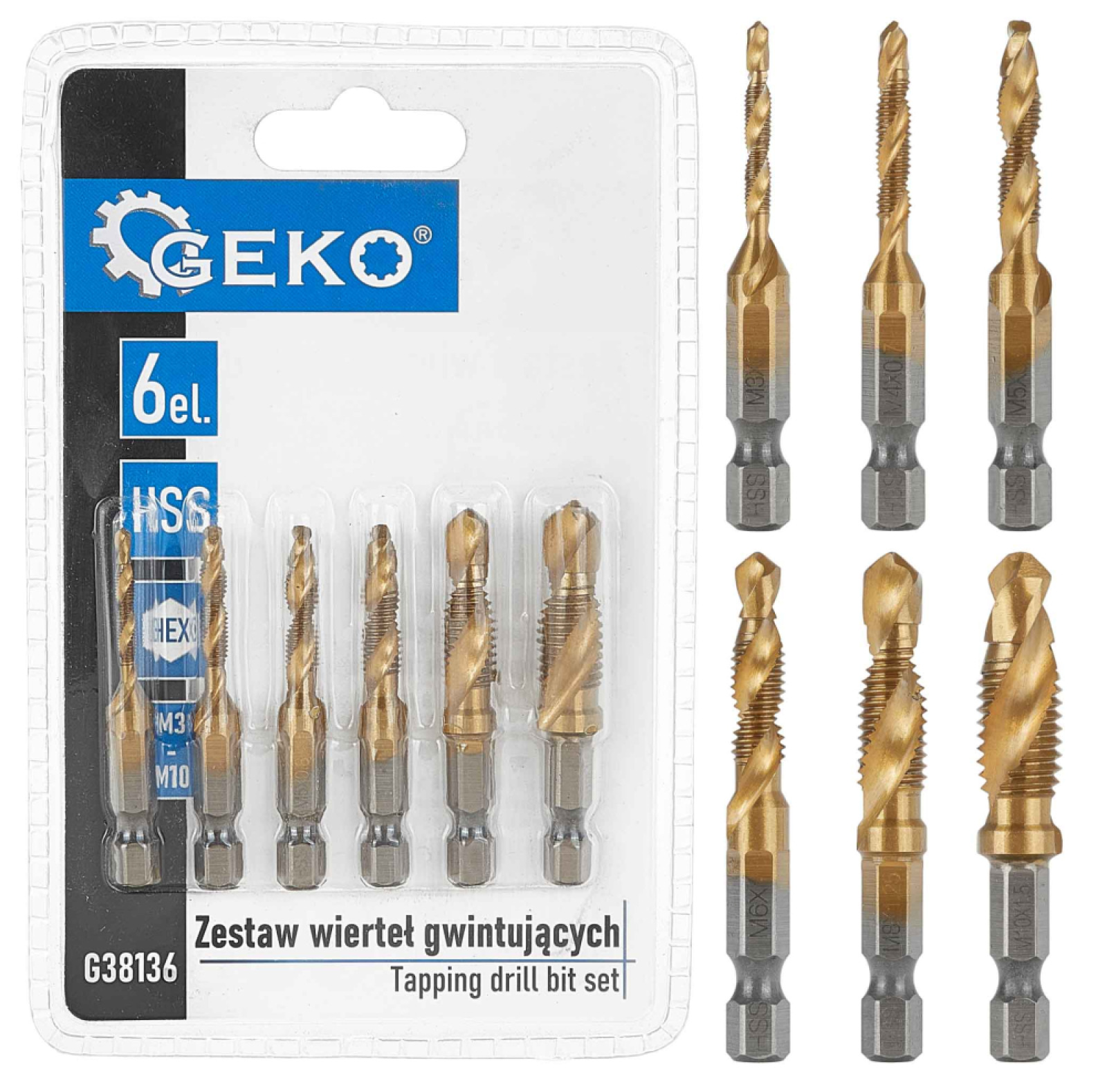 Sada kombinovaných závitníkov s vrtákom M3, 4, 5,6,8,10 HSS, stopka 6HRAN, GEKO