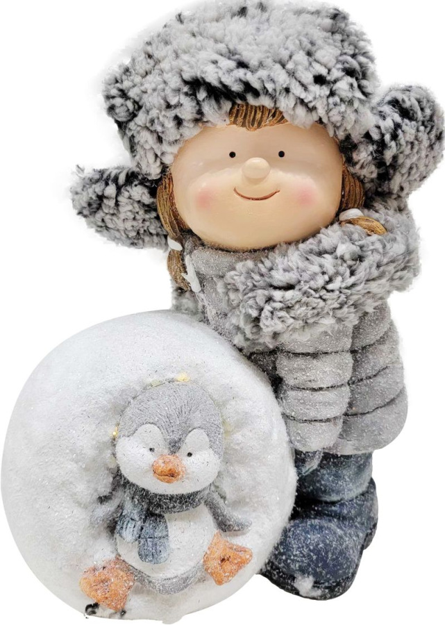 Dekorácia MagicHome Vianoce, dievča so snehovou guľou a tučniakom, LED, 19.5x28x33.5 cm