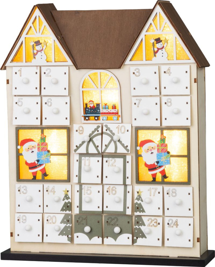Dekorácia MagicHome Vianoce, Adventný kalendár Domček, drevený, 8xLED, teplá biela, 2xAAA, IP20, 26x