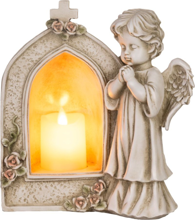 Dekorácia MagicHome, Anjel modliaci sa pri sviečke, LED, polyresin, na hrob, 19,5x11,5x26 cm