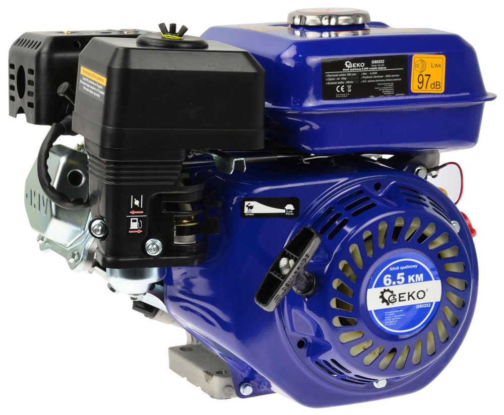 Benzínový štvortaktný spaľovací motor, objem 196 cm3, výkon 6,5 HP, hriadeľ 20 mm, GEKO