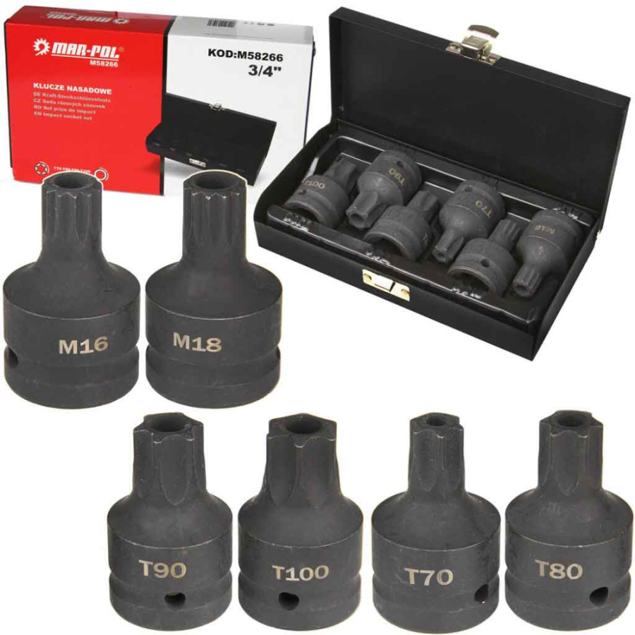 Sada úderových hlavíc TORX + SPLINE 3/4" T70, T80, T90, T100, M16, M18, 6-dielna, MAR-POL