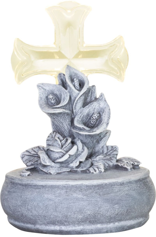 Dekorácia MagicHome, Kríž s kvetmi, LED, polyresin, na hrob, solar, 12x12x17 cm