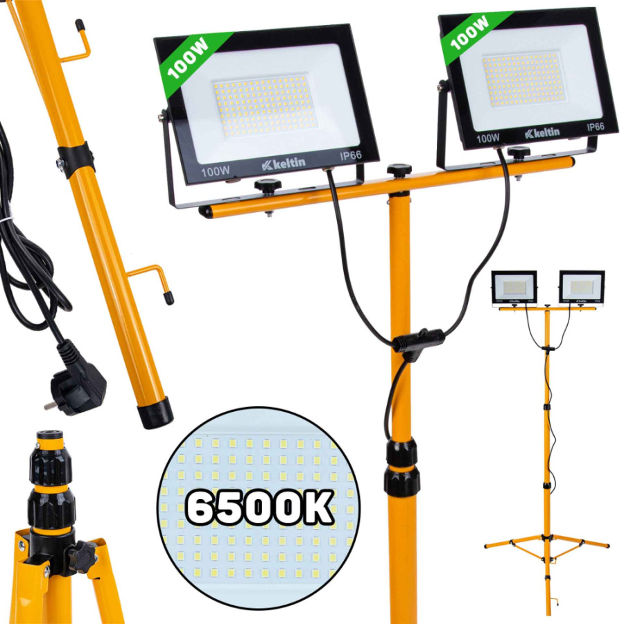 LED reflektor 2x100W s teleskopickým stojanom, studená biela 6500K, KELTIN