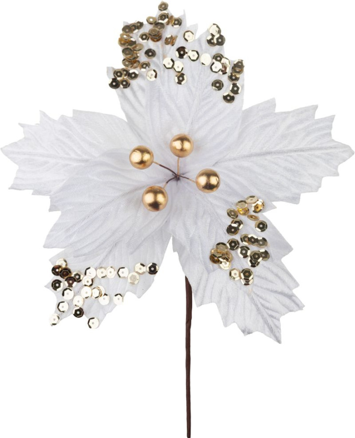 Kvet MagicHome Vianoce, poinsettia, s guľkami, biely, 18 cm, veľkosť kvetu: 20 cm