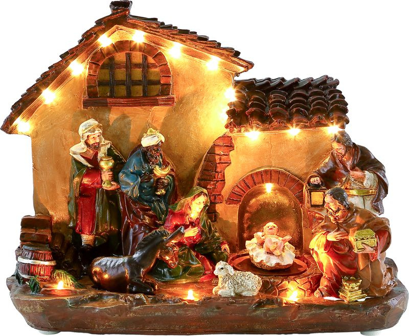 Dekorácia MagicHome Vianoce, domček, polyresin, 16xLED teplá biela, 29x14x24 cm, 3xAA