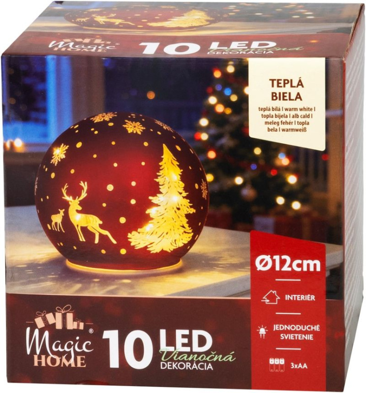 Guľa MagicHome Vianoce, sklo, červená, 10xLED teplá biela, 12x11 cm, 3xAA 2