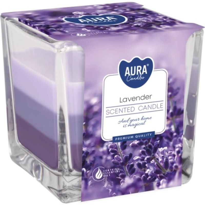 Sviečka AURA, v skle, trojfarebná, Levanduľa, 32h, 170g