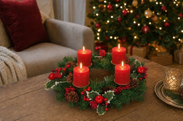 Veniec MagicHome Vianoce, adventný, červený, 41 cm 2