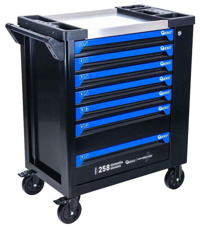 Dielenský vozík na náradie so 7 zásuvkami, náradie- 258 dielov, 850x450x950 mm, GEKO 5