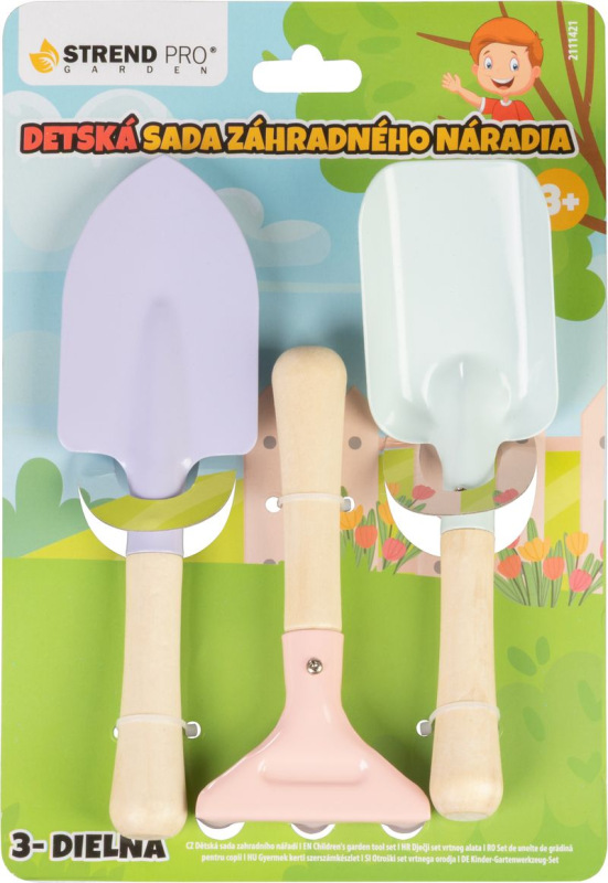 Sada náradia Strend Pro, záhradnícka, detská, 3-dielna, drevo + oceľ, lopatka hrable a rýľ 1