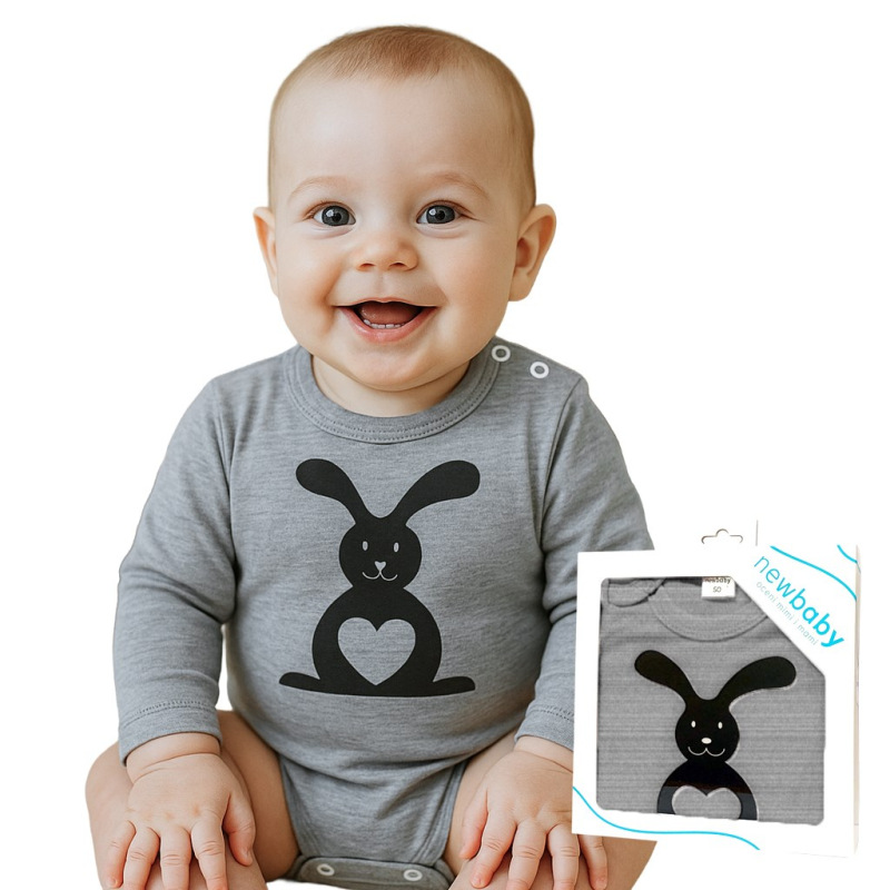 Dojčenské body s dlhým rukávom New Baby Zvieratko Zajačik sivé 50