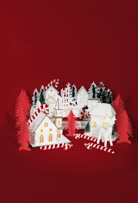 Dekorácia MagicHome Vianoce, dedinka, drevo, 15xLED teplá biela, 45x15x22.7 cm, 2xAA 3