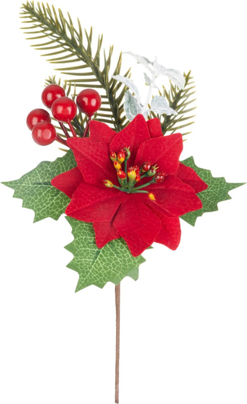 Vetvička MagicHome Vianoce, s kvetom poinsettia, červená, 24 cm
