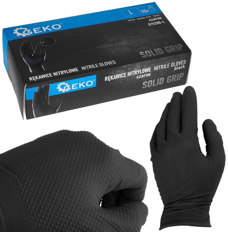 Rukavice nitrilové čierne, sada 50ks, veľkosť L, SOLID GRIP, GEKO