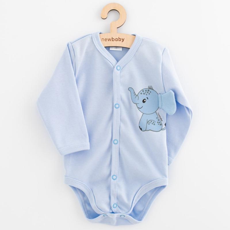 Dojčenské celorozopínacie body s dlhým rukávom New Baby Happy Elephant blue 56 (0-3m)