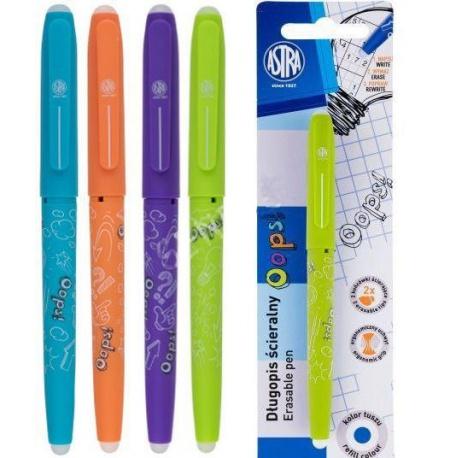 ASTRA Gumovateľné pero OOPS!, 0,6mm, modré, dve gumy, mix farieb, blister, 201120003