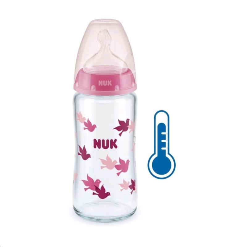 Sklenená dojčenská fľaša NUK First Choice s kontrolou teploty 240 ml ružová