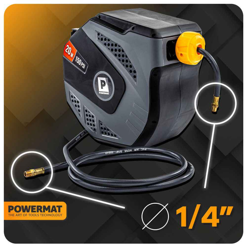 Navíjací bubon s držiakom na stenu s hadicou na vzduch, 8 x 12 mm, dĺžka 20 m, POWERMAT 6