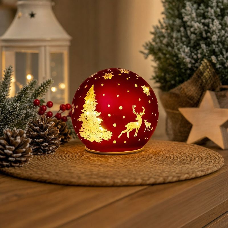 Guľa MagicHome Vianoce, sklo, červená, 10xLED teplá biela, 12x11 cm, 3xAA 3