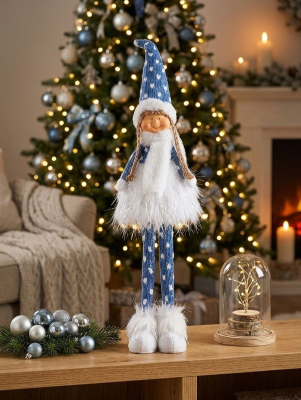 Postavička MagicHome Vianoce, Dievčatko s hustou sukňou, látkové, modro-sivé, 14x11x62 cm 1