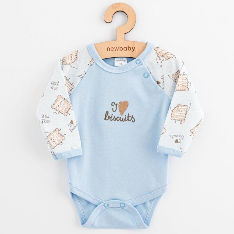 Dojčenské bavlnené body s dlhým rukávom New Baby Biscuits modrá 80 (9-12m)