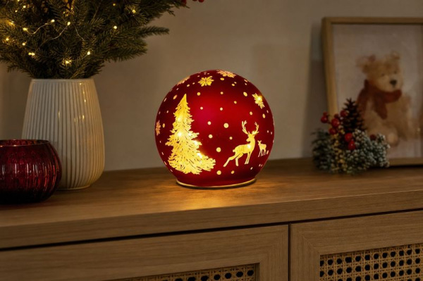 Guľa MagicHome Vianoce, sklo, červená, 10xLED teplá biela, 12x11 cm, 3xAA 1