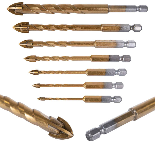 Sada vrtákov do skla a keramiky, 7-dielna, 3-12 mm, 4-brité, špirálová stopka 6 HRAN, GEKO