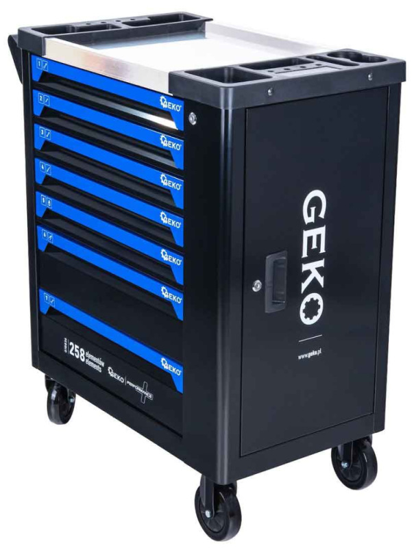 Dielenský vozík na náradie so 7 zásuvkami, náradie- 258 dielov, 850x450x950 mm, GEKO 8