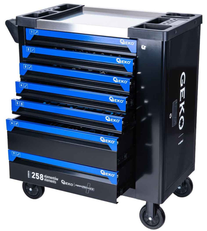 Dielenský vozík na náradie so 7 zásuvkami, náradie- 258 dielov, 850x450x950 mm, GEKO 7
