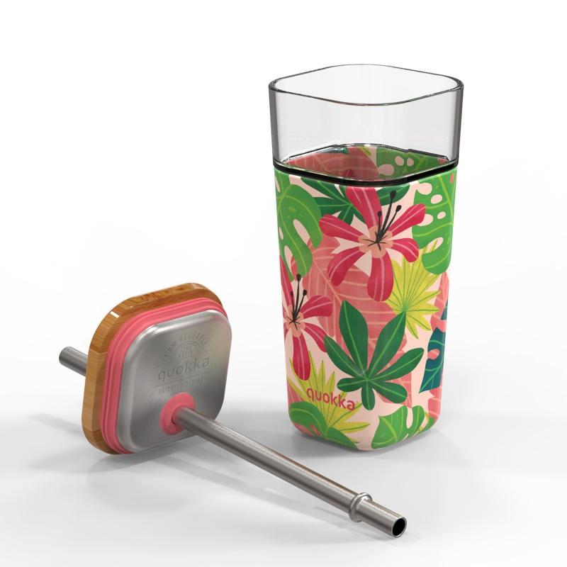 Quokka Cube, Sklenený pohár so silikónovým povrchom Pink Jungle, 540ml, 40057