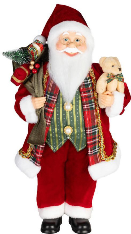 Dekorácia MagicHome Vianoce, Santa, s darčekom a medveďom, červený, 60 cm