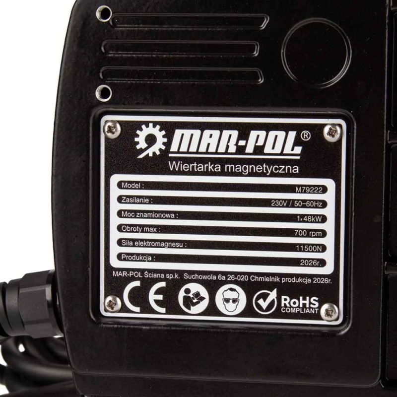 Vŕtačka s magnetickým stojanom 1480 W, sila upnutia 11 500 N, regulácia otáčok, MAR-POL 6