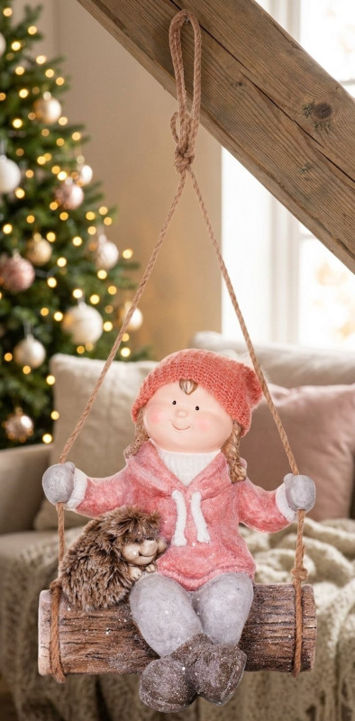 Postavička MagicHome Vianoce, Dievčatko na hojdačke s ježkom, závesná, keramika, 31,5x28x36 cm 1