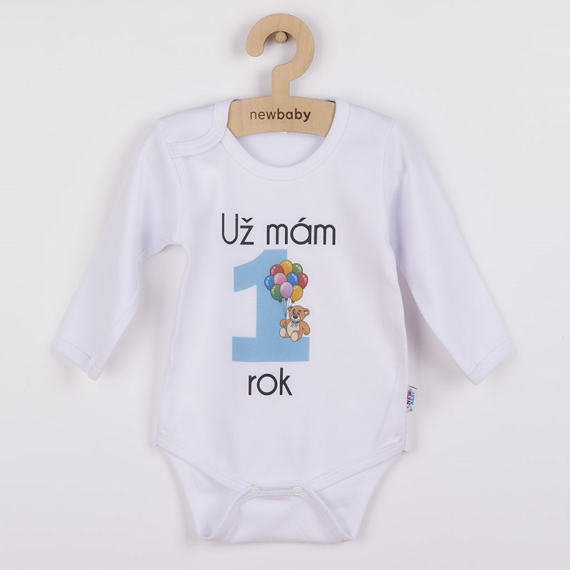 Body s potlačou New Baby Už mám 1 rok modré - darčekové balenie 86 (12-18m) 1