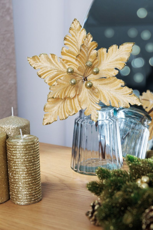 Kvet MagicHome Vianoce, Poinsettia, zlatá, 30 cm, veľkosť kvetu: 20,5 cm 1