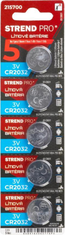 Batéria Strend Pro, lítiová, gombíková, CR2032, 3V, blister, 5ks