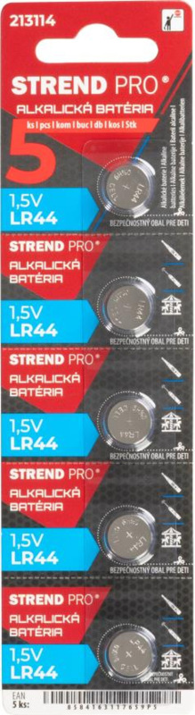 Batéria Strend Pro, alkalická, gombíková, LR44, 1,5V, blister 5 ks
