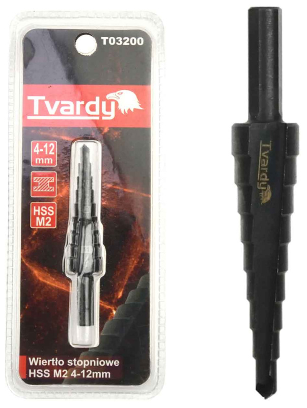 Vrták stupňovitý 4-12 mm do plechu, HSS M2 TiAIN krok 1mm, rovná drážka, TVARDY 3