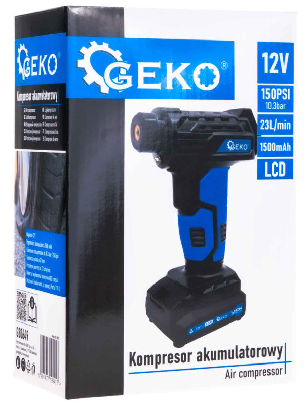 Akumulátorový kompresor 0,2-10,3 Bar, 12V, 1,5Ah batéria, 23l/min, LCD display, GEKO 19