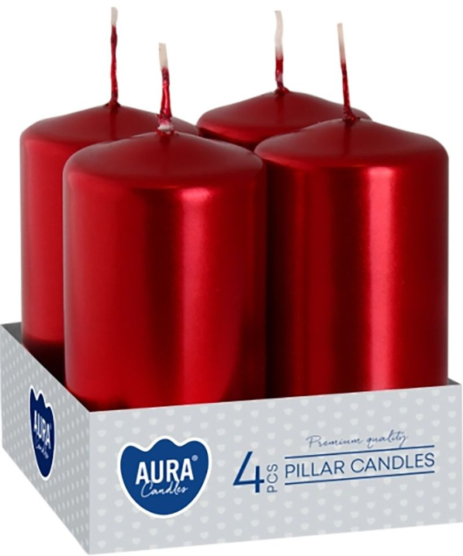 Sviečky AURA, valec, červená metalíza, 40x80mm, 9h, 80g, bal. 4ks