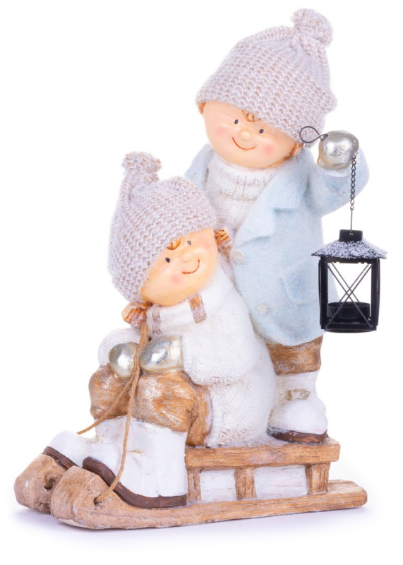 Postavička MagicHome Vianoce, Chlapček s dievčatkom na saniach, keramika, 34x24x46,5 cm