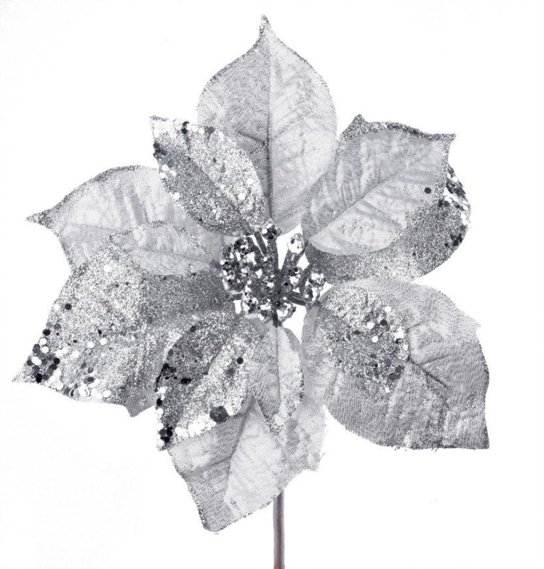 Kvet MagicHome Vianoce Poinsettia GlitterSilver, strieborná, stonka, veľkosť kvetu: 23 cm, dĺžka kve