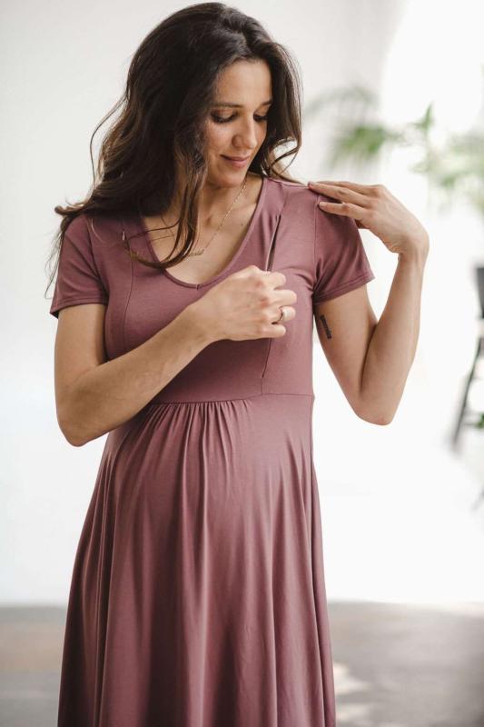Tehotenské a dojčiace šaty Mommy Chic milk & love ružovo hnedá XL