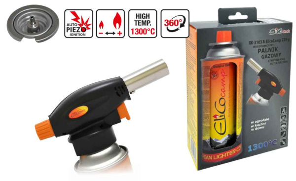 Spájkovacia lampa s piezo zapaľovačom a kartušou 220g, otočný uzáver, ELICO