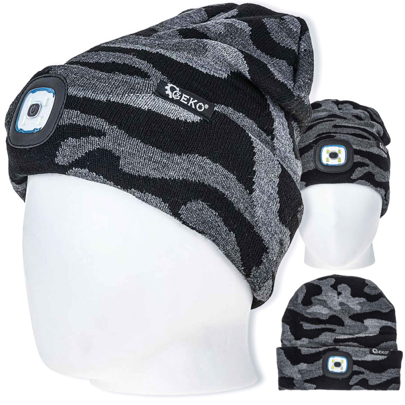 Zimná čiapka s LED svetidlom, čierno sivá, GEKO 4