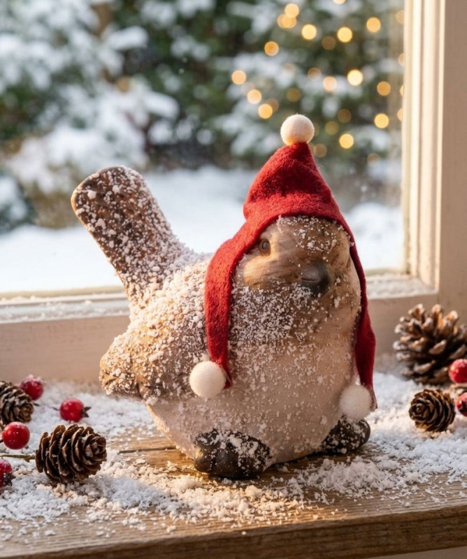 Dekorácia MagicHome Vianoce, Vtáčik s čiapočkou, terakota, 8,8x6x9 cm 1