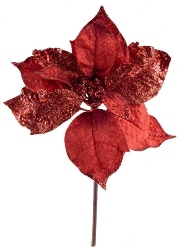 Kvet MagicHome Vianoce Poinsettia GlitterRed, červená, stonka, 23x20 cm, bal. 6 ks