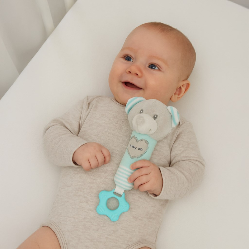 Detská pískacia plyšová hračka s hryzátkom Baby Mix medveď mätový 1